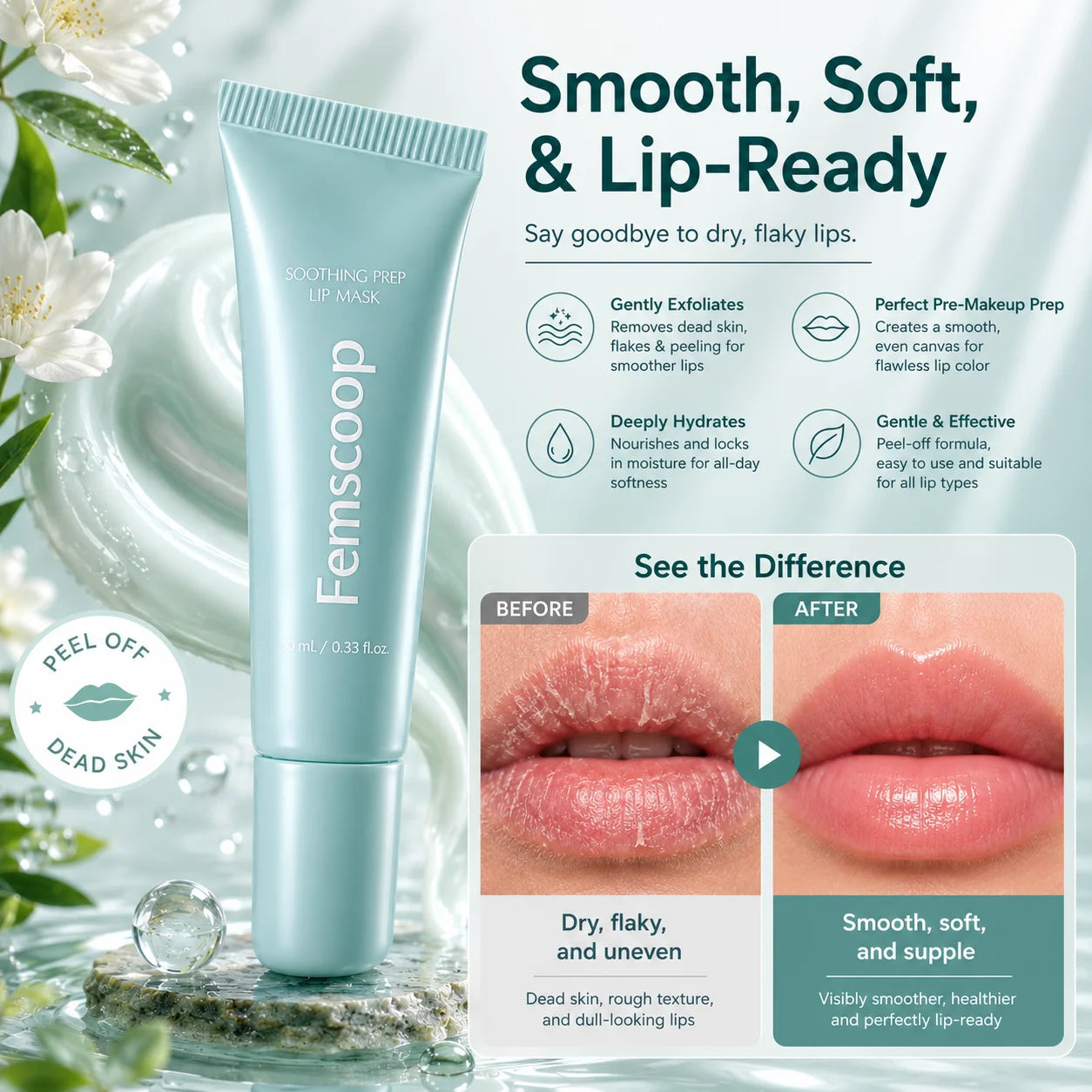Femscoop Soothing Prep Lip Mask | Gentle Peel-Off Lip Mask for Dead Skin & Flakes | Cooling Korean Lip Care for Makeup Prep