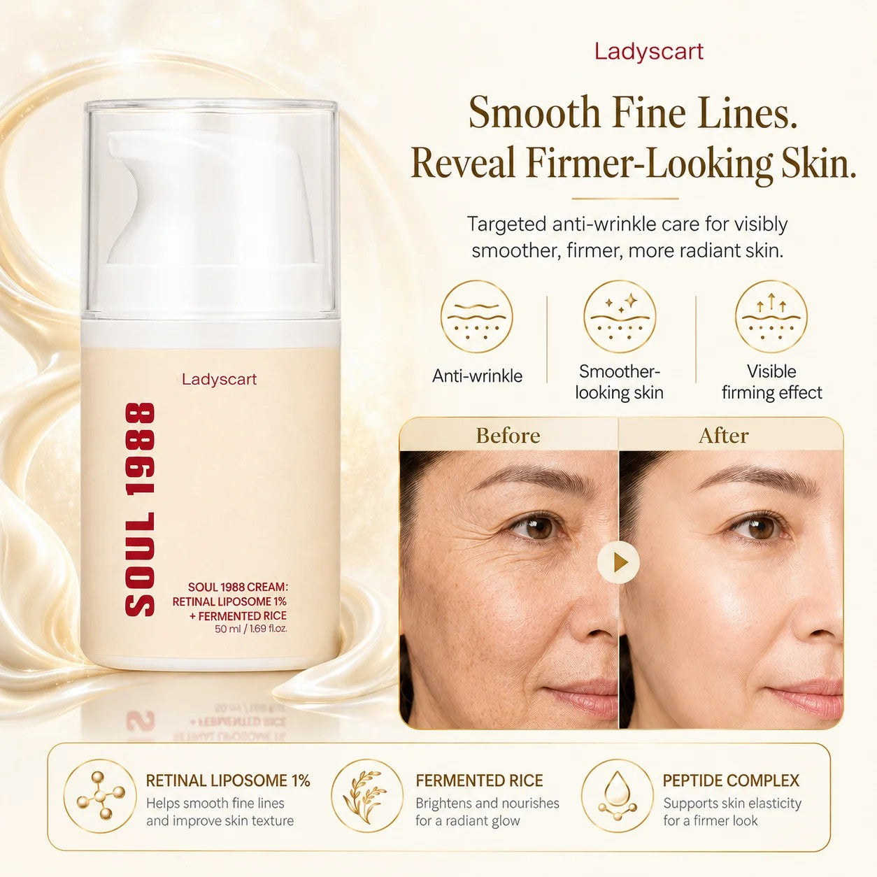 Ladyscart Soul 1988 Retinal Cream | 1% Retinal Liposome Anti-Aging Treatment for Smooth, Youthful Skin