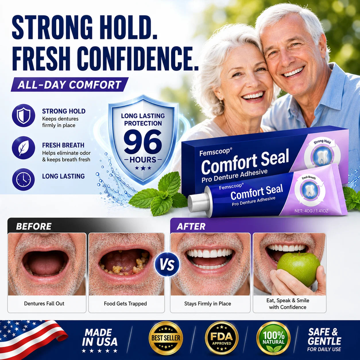 🔥 LIMITED SPECIAL OFFER 🔥 Femscoop® Comfort Seal Pro Denture Adhesive🦷💜FDA Certified (Clinically Proven 96- Hour Lock Hold for Secure, Comfortable & Zinc-Free Denture Fit)