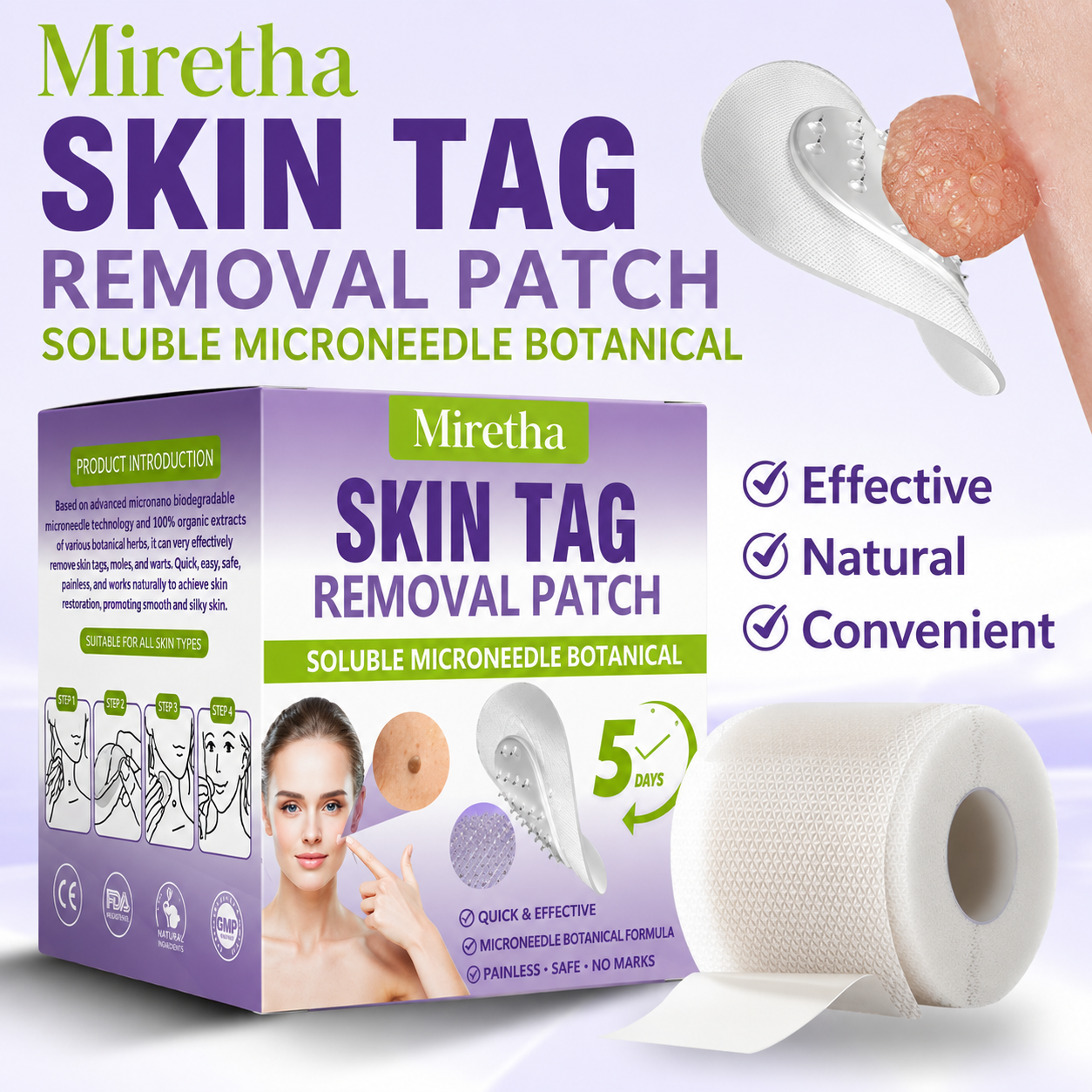 Miretha™Soluble Microneedle Botanical Skin Tag Removal Patch
