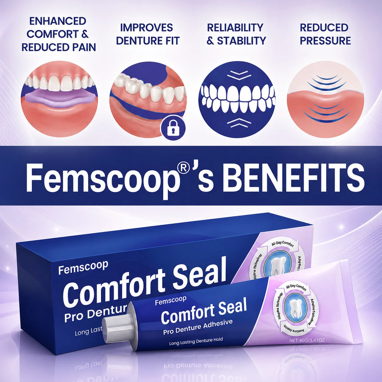🔥 LIMITED SPECIAL OFFER 🔥 Femscoop® Comfort Seal Pro Denture Adhesive🦷💜FDA Certified (Clinically Proven 96- Hour Lock Hold for Secure, Comfortable & Zinc-Free Denture Fit)