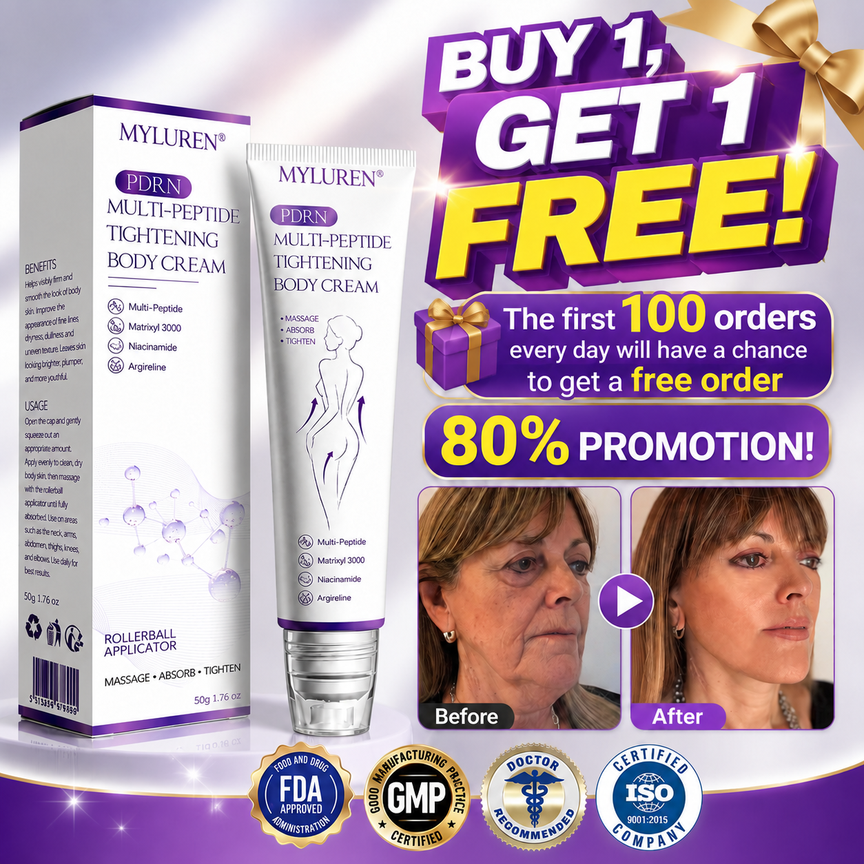 MYLUREN™ Roller Massage Neck Cream 🧴 Collagen & Hyaluronic Acid | Firms Neck, Reduces Wrinkles & Double Chin