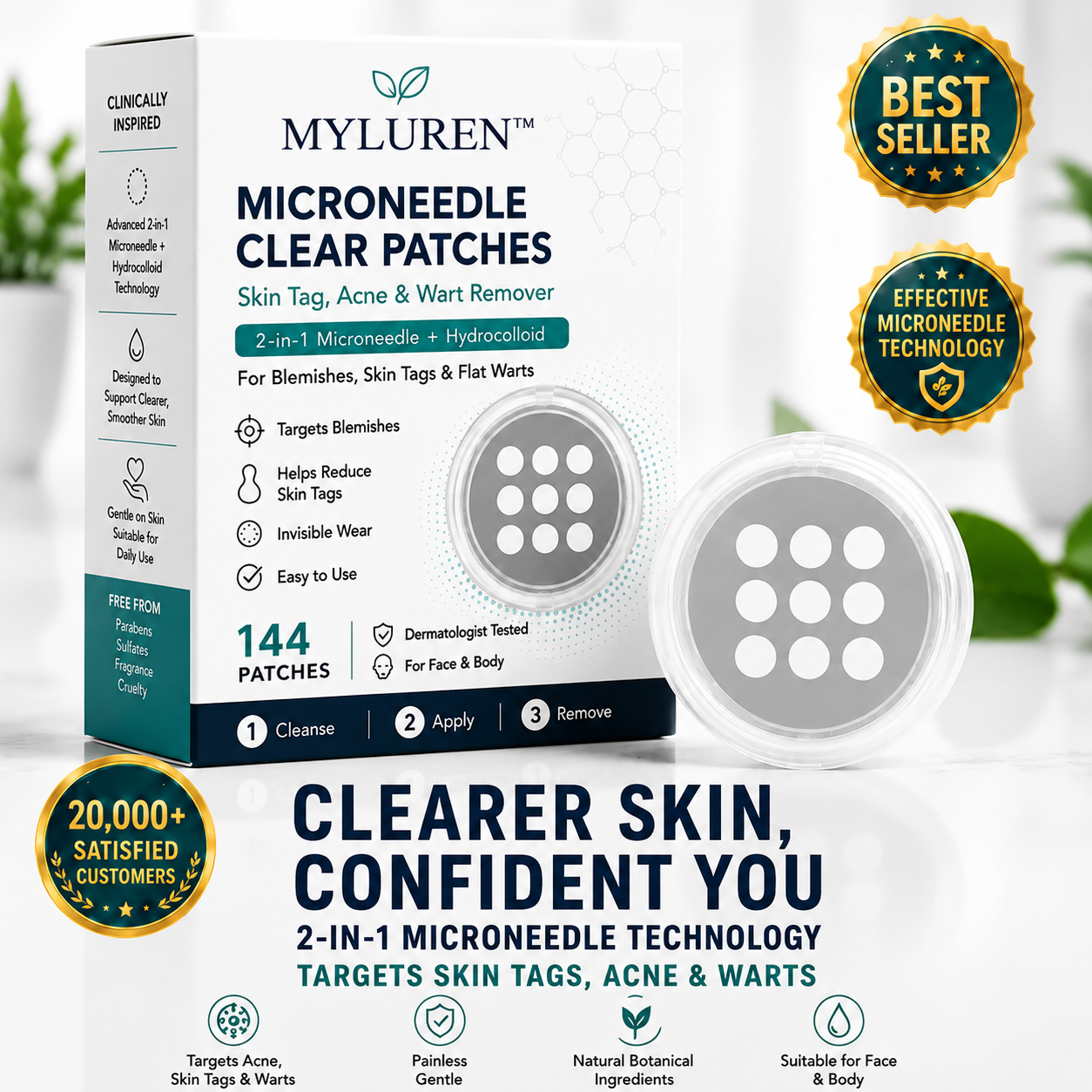 MYLUREN™2-in-1 Microneedle & Hydrocolloid Patch🍀| Removes Raised Moles, Acne, Flat Warts & Skin Tags | Helps Improve Wrinkles, Scars & Blemishes | Invisible Patches for Face & Body