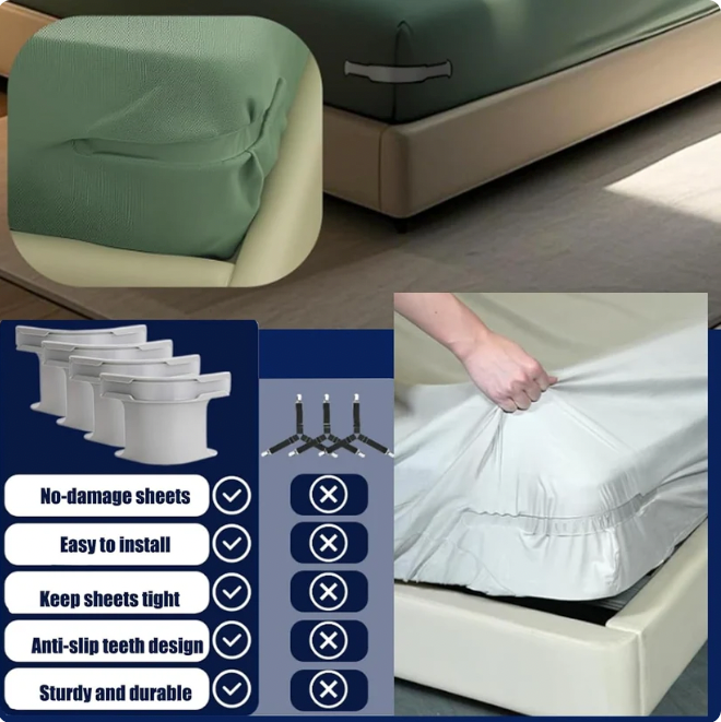 Invisible Bed Sheet Holders – Non-Slip Corner Fasteners for Deep Mattresses 🛌