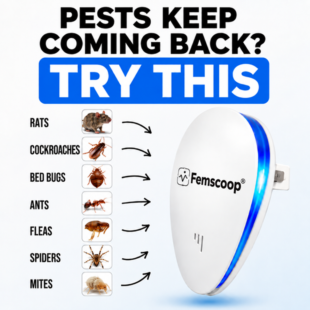 Femscoop® Ultrasonic Pest Repeller - Banish 14+ Pests for Good