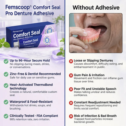🔥 LIMITED SPECIAL OFFER 🔥 Femscoop® Comfort Seal Pro Denture Adhesive🦷💜FDA Certified (Clinically Proven 96- Hour Lock Hold for Secure, Comfortable & Zinc-Free Denture Fit)