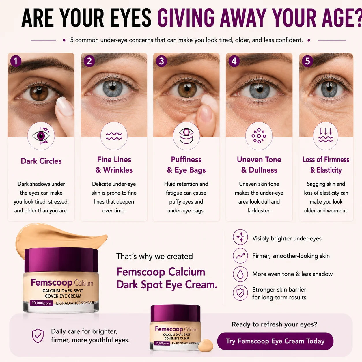 Femscoop Korean Calcium Eye Cream: Visibly Erase Stubborn Dark Spots, Puffy Eye Bags & Dark Circles—Claim Your 50% OFF Today Before It’s Gone!