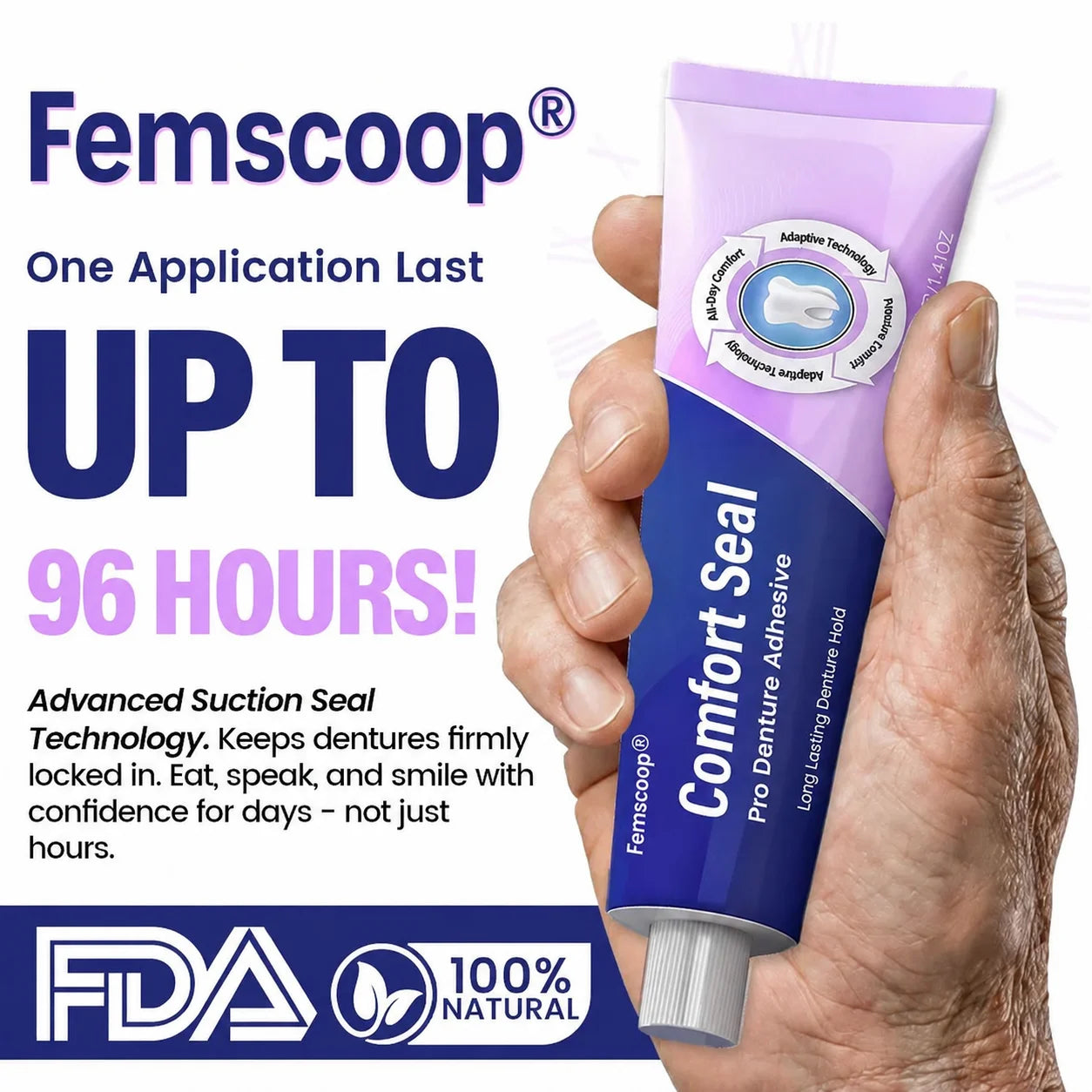🔥 LIMITED SPECIAL OFFER 🔥 Femscoop® Comfort Seal Pro Denture Adhesive🦷💜FDA Certified (Clinically Proven 96- Hour Lock Hold for Secure, Comfortable & Zinc-Free Denture Fit)